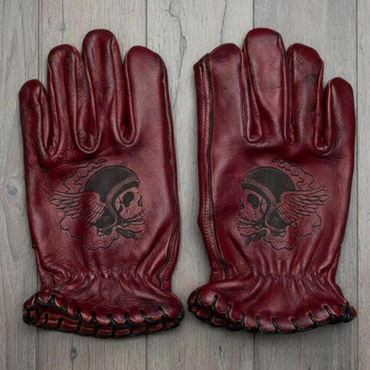 Gothic Steampunk Winged Skull Pilot Graphic Distressed Leather Riding Gloves