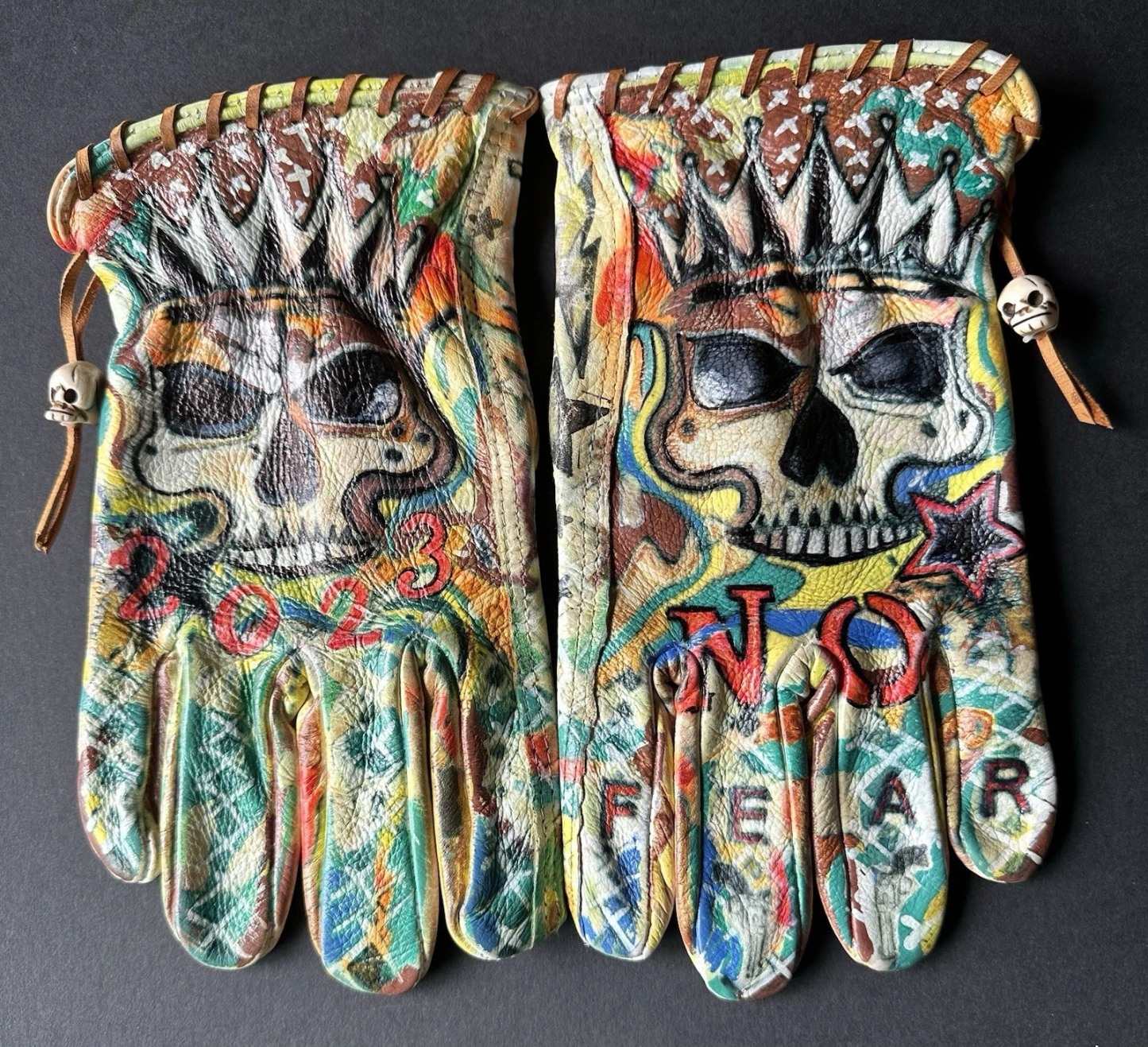 Graffiti Streetwear Aesthetic Skull Crown Graphic Hand Painted Leather Gloves