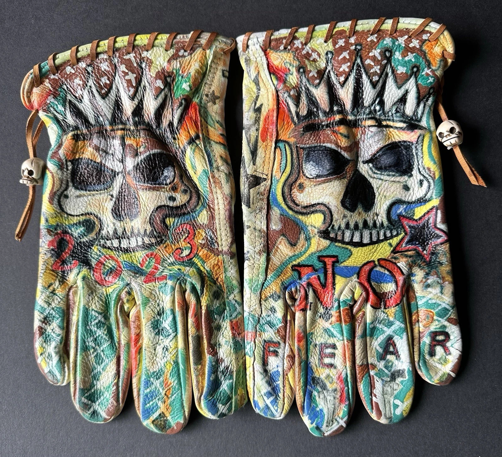 Graffiti Streetwear Aesthetic Skull Crown Graphic Hand Painted Leather Gloves
