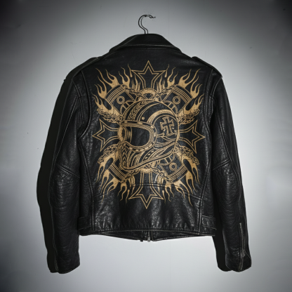 Golden Blaze" Iron Cross & Helmet Tattoo Art Leather Jacket