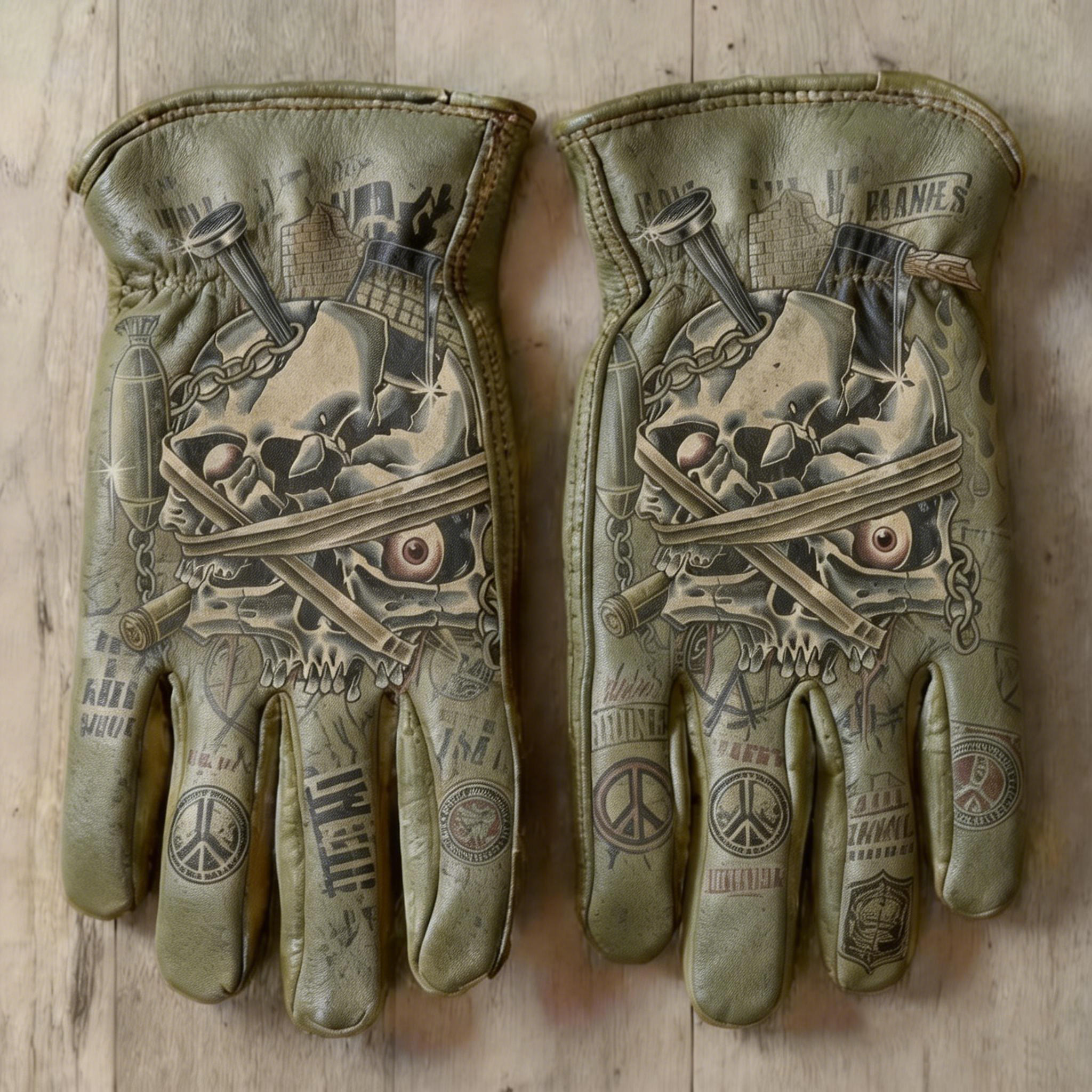 Post-Apocalyptic Wasteland Style Graffiti Skull Pattern Leather Riding Gloves