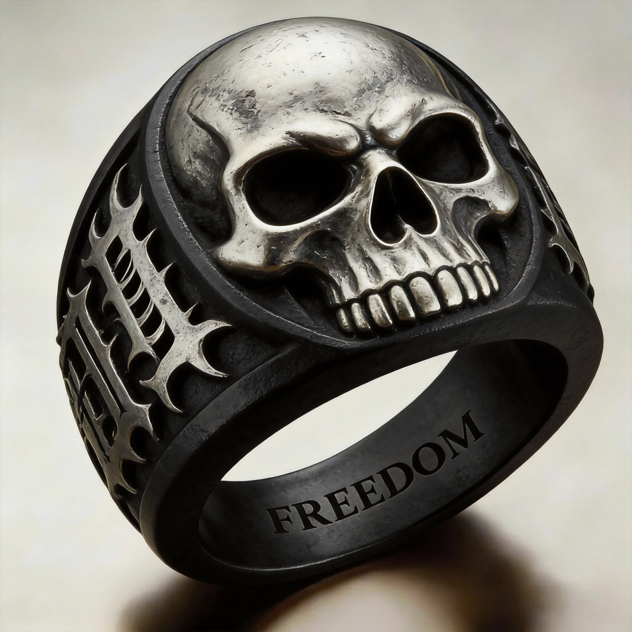 Hardcore industrial silver skull freedom message engraved motorcycle rider ring