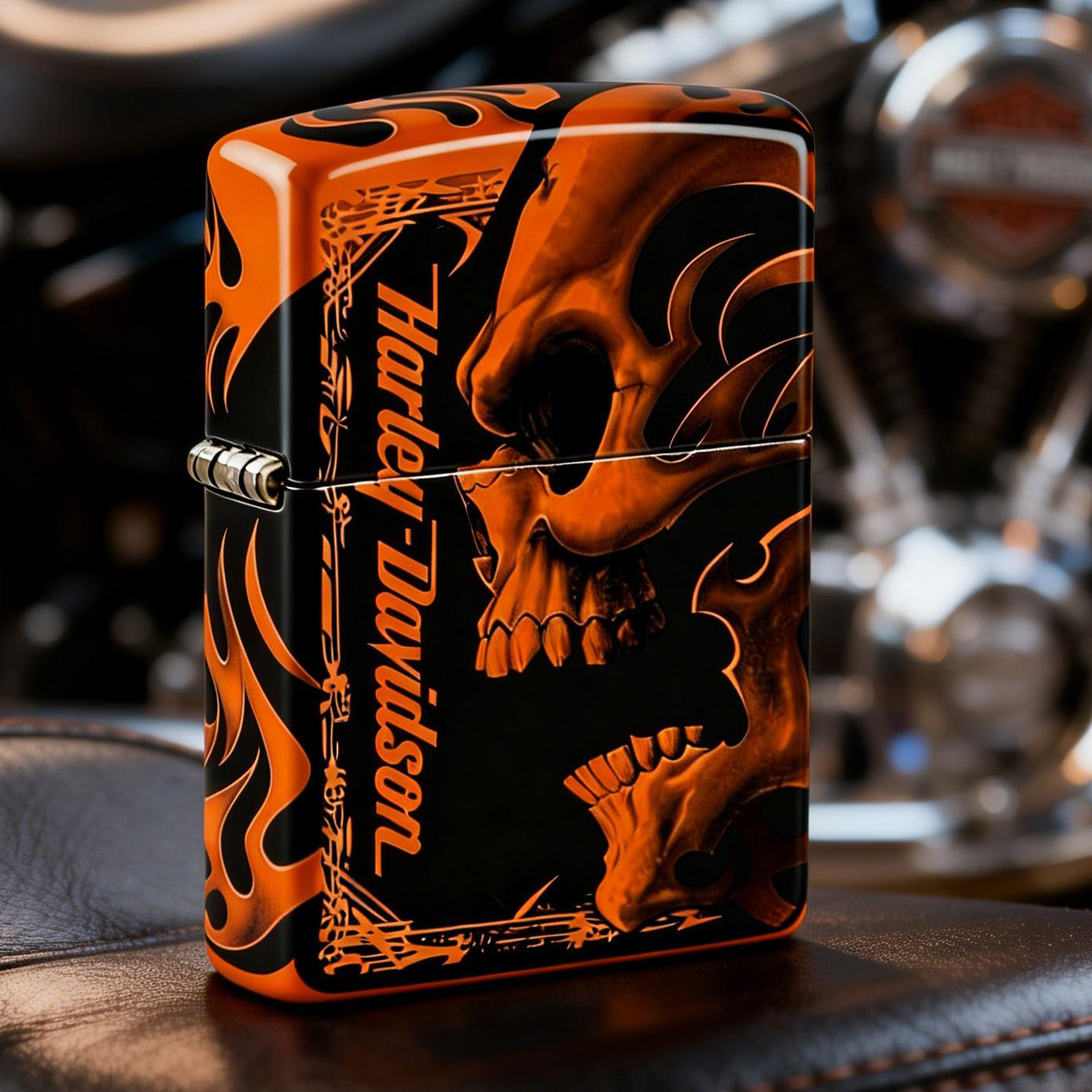 Biker Style Flaming Skull Artistic Windproof Refillable Metal Lighter