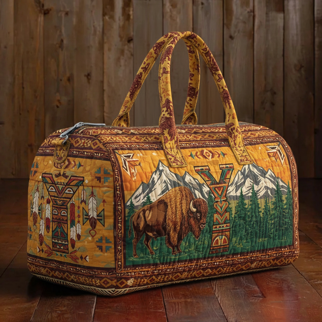 Rustic Western Buffalo Mountain Quilted Canvas Weekend Duffle Bag