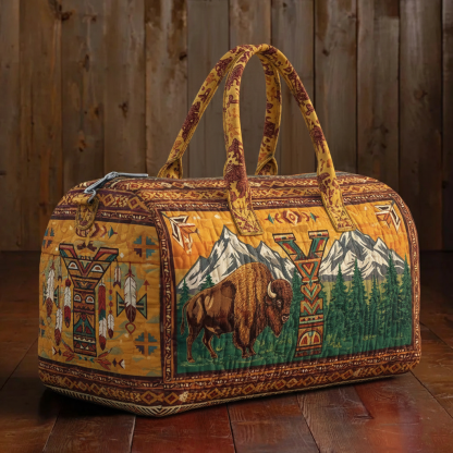 Rustic Western Buffalo Mountain Quilted Canvas Weekend Duffle Bag