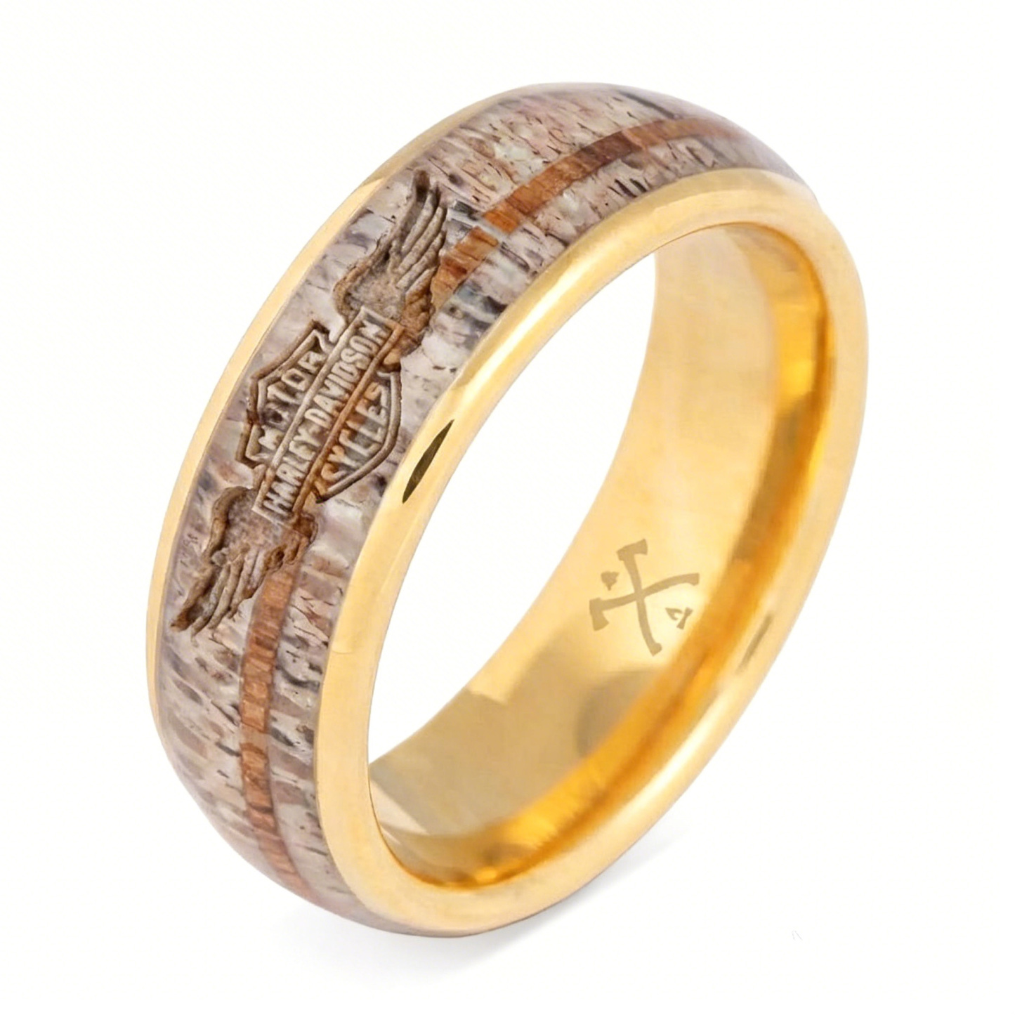Rugged Style Antler Grain Band With Winged Shield Logo Ring