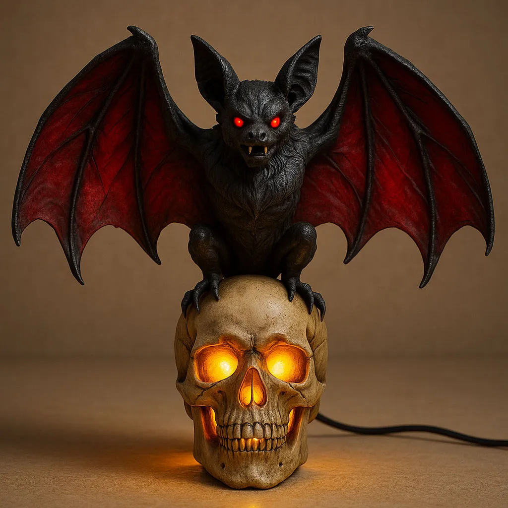 Gothic Vampire Bat Perched on Skull LED Lamp