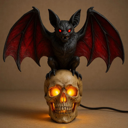 Gothic Vampire Bat Perched on Skull LED Lamp