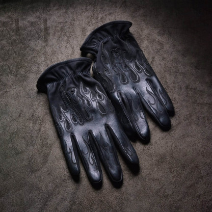 Minimalist Stealth All Black Flame Embossed Leather Tactical Gloves