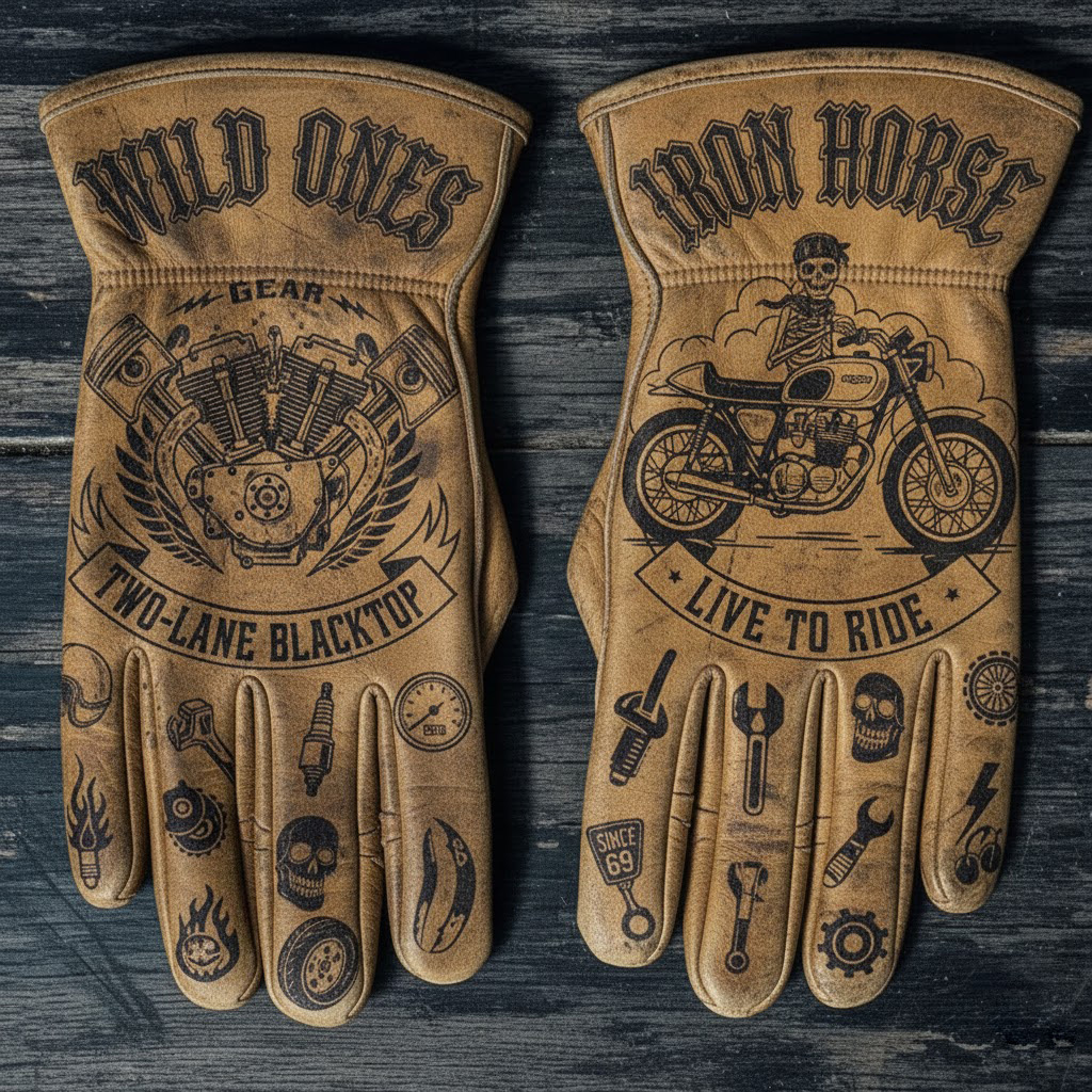 Print Vintage Leather Work Gloves.