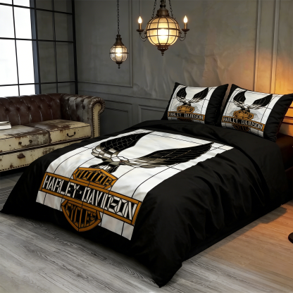 Retro Harley-Davidson style pattern 3-Piece Quilted Bedding Set