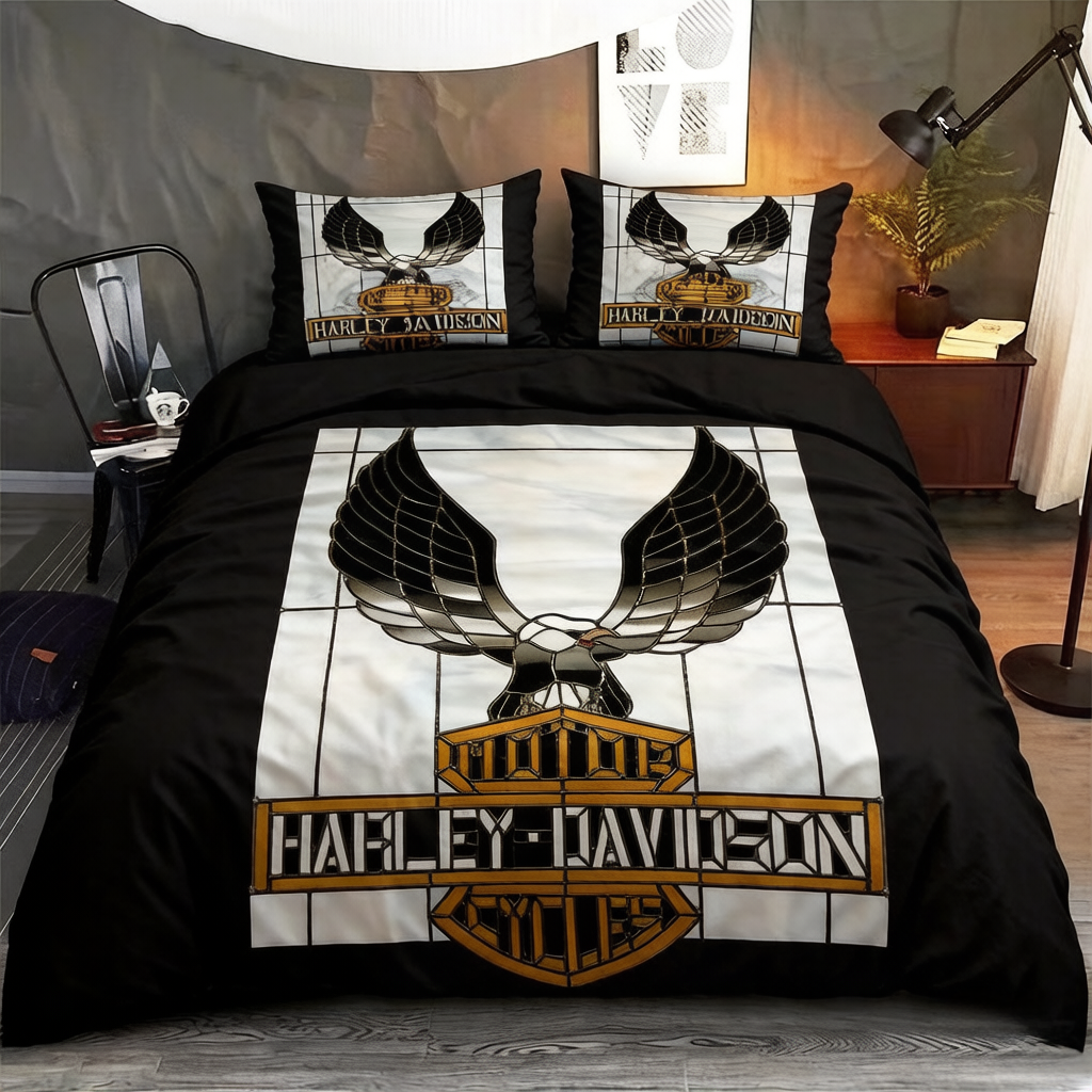 Retro Harley-Davidson style pattern 3-Piece Quilted Bedding Set