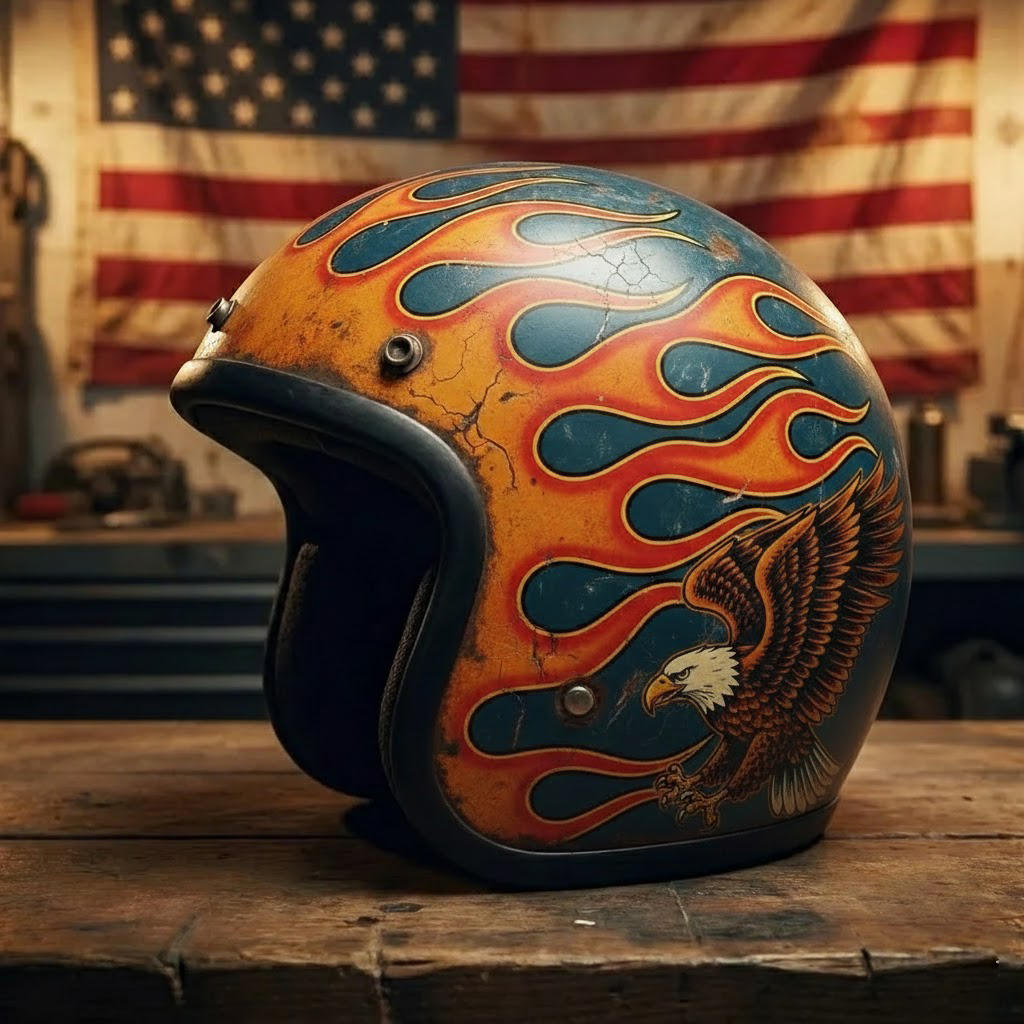 Retro Flashback: Traditional Tattoo Art Biker Helmet