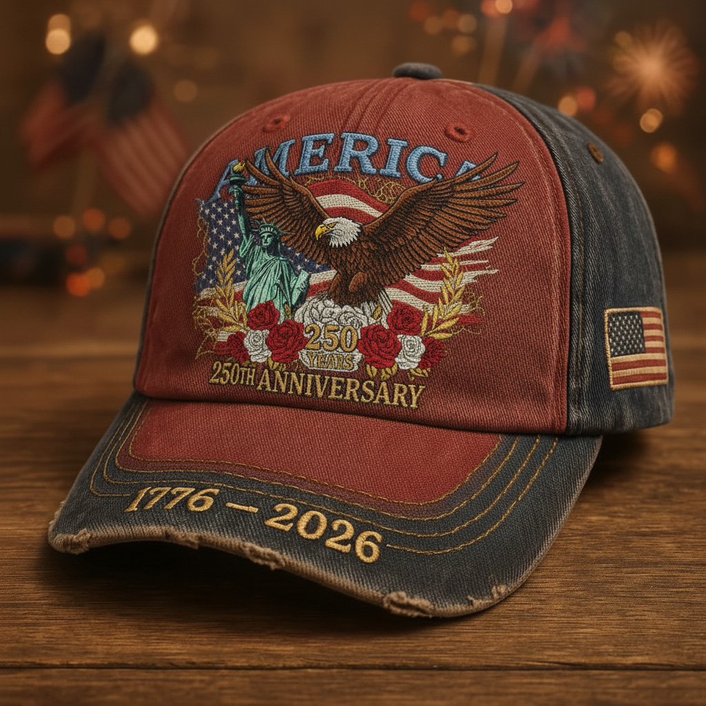  America's 250th Birthday Baseball Cap, Retro Distressed Hat with Statue of Liberty and Bald Eagle Elements