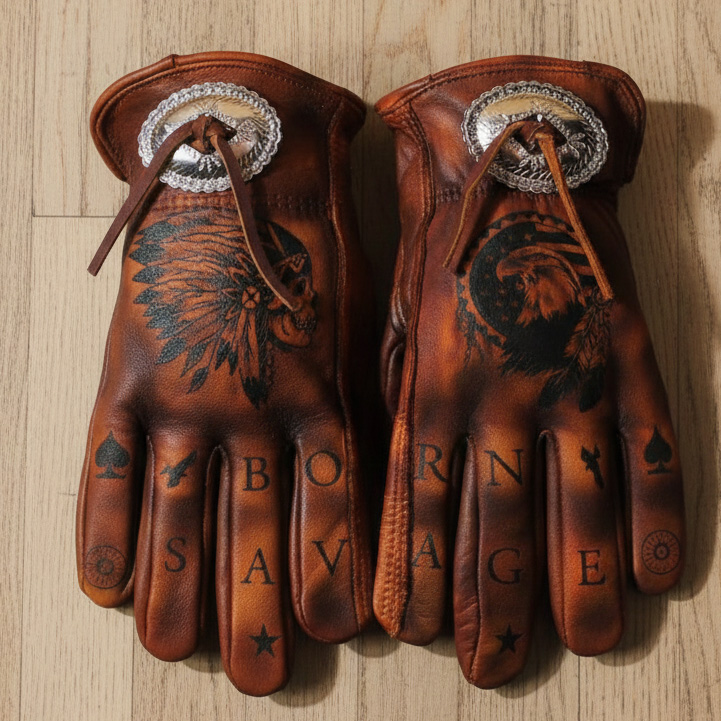 Vintage Western Born Savage Hand Painted Distressed Brown Leather Gloves