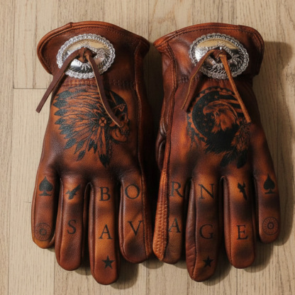 Vintage Western Born Savage Hand Painted Distressed Brown Leather Gloves
