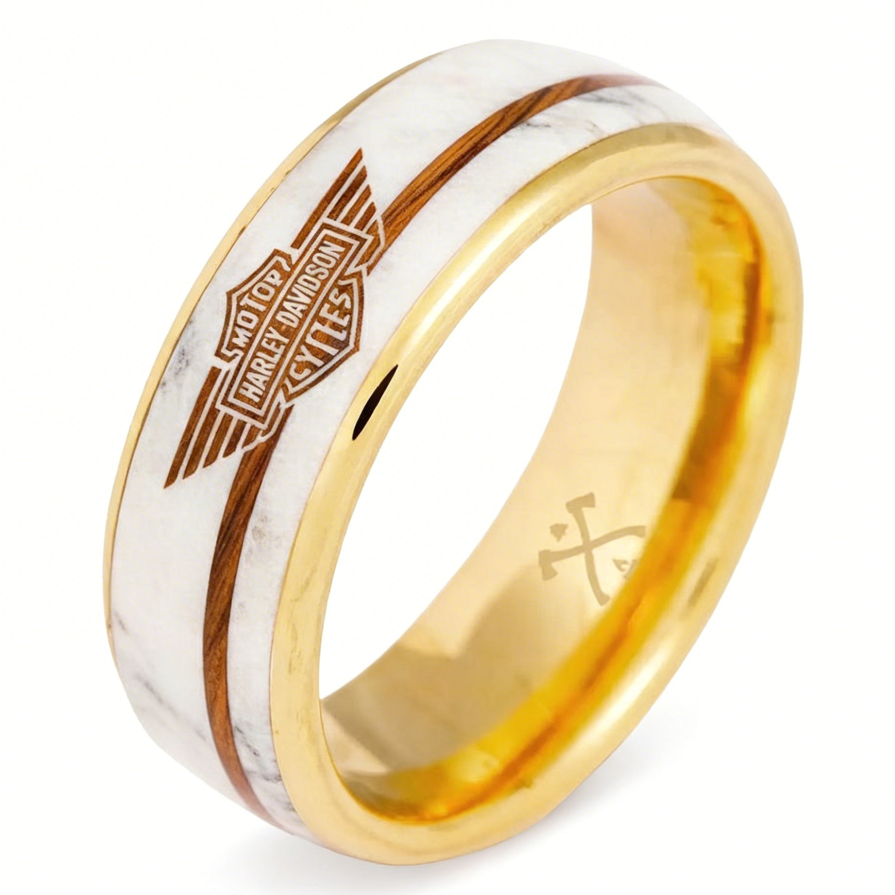 Biker Style Gold Band With Winged Emblem Marble Ring
