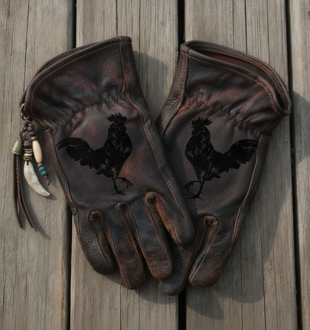 Custom Hand-Painted Rooster Leather Gloves – Distressed Vintage Style