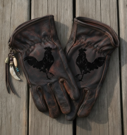 Custom Hand-Painted Rooster Leather Gloves – Distressed Vintage Style