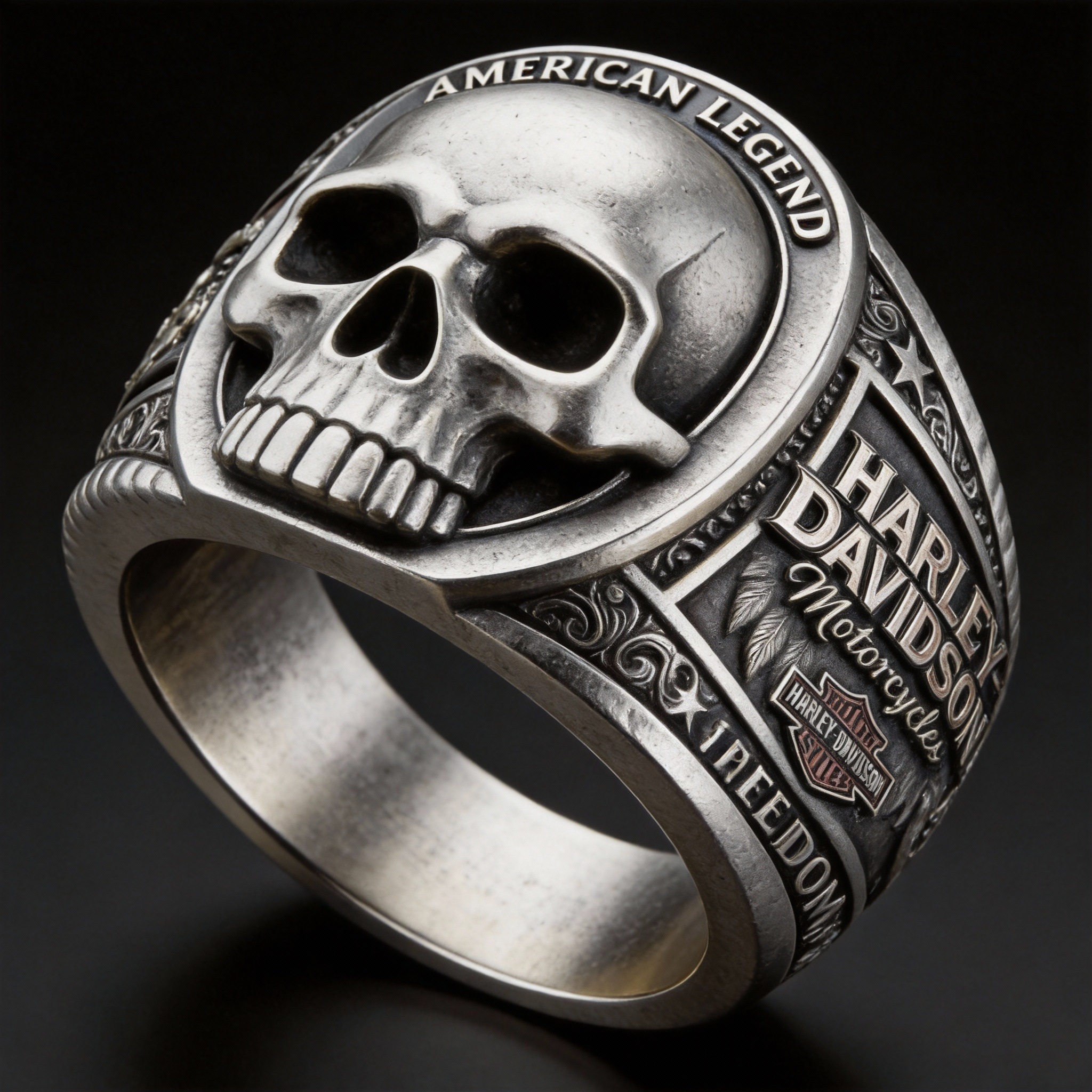 Hardcore gothic silver skull head freedom engraved heavy metal ring