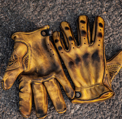 Vintage Ethnic Style Perforated Yellow Leather Touchscreen Motorcycle Gloves