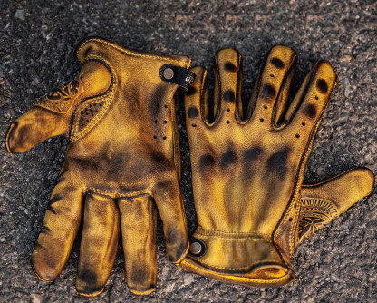 Vintage Ethnic Style Perforated Yellow Leather Touchscreen Motorcycle Gloves