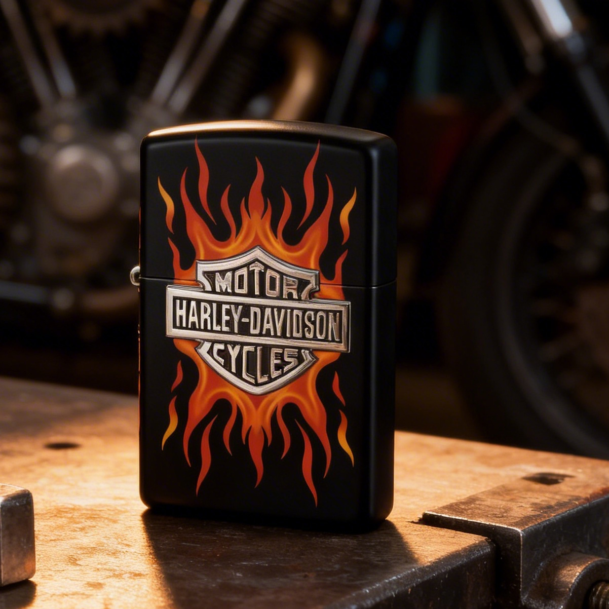 Hot Rod Aesthetic Vibrant Orange Fire Harley Shield Metal Lighter