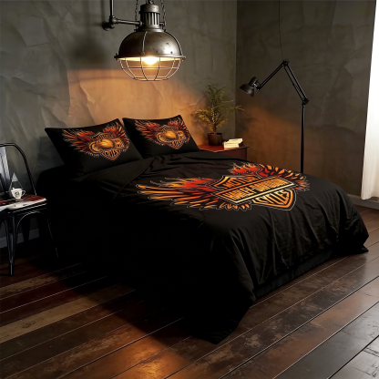 Retro Harley-Davidson style pattern 3-Piece Quilted Bedding Set