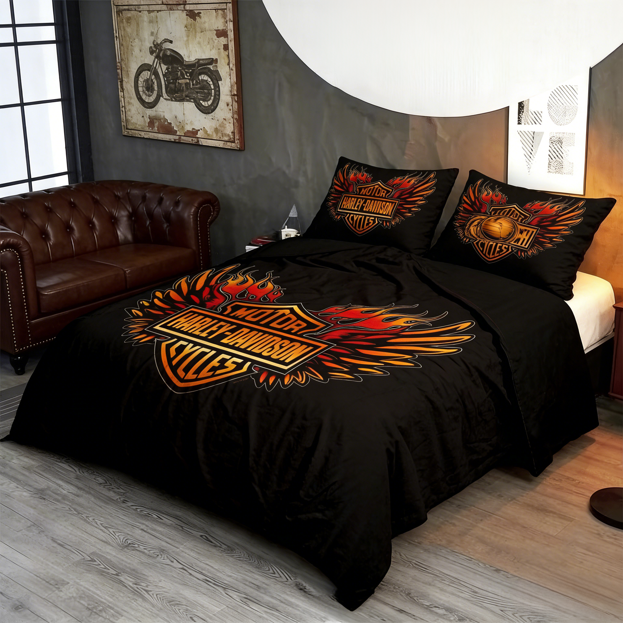 Retro Harley-Davidson style pattern 3-Piece Quilted Bedding Set