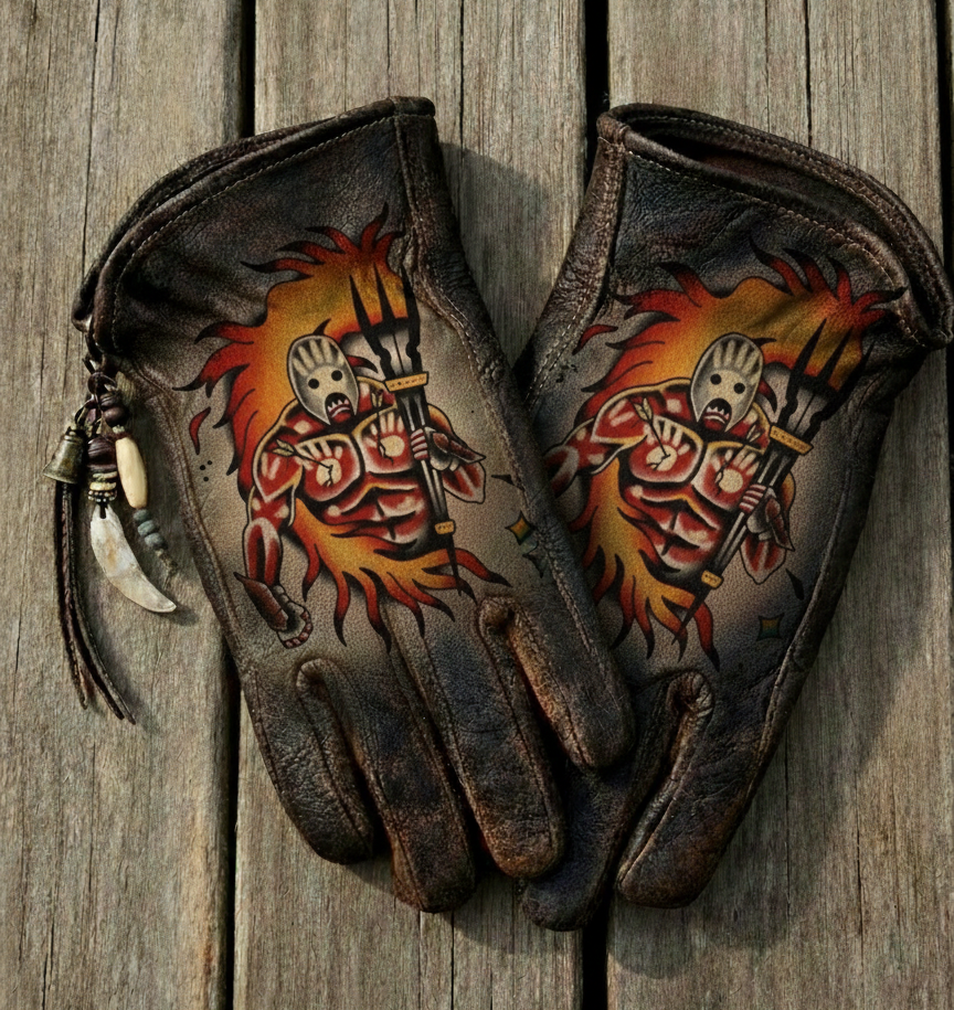 Tribal Warrior Style Distressed Brown Leather Hand Painted Riding Gloves