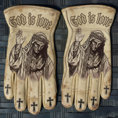 Vintage Religious God Is Love Jesus Sketch Print Leather Gloves