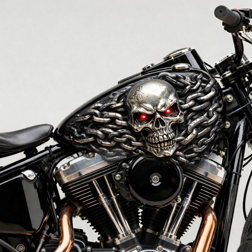 Hardcore gothic metal chains and red-eyed skull gas decal