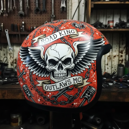 Hardcore Biker Style Flying Skull Graphic Red Open Face Helmet