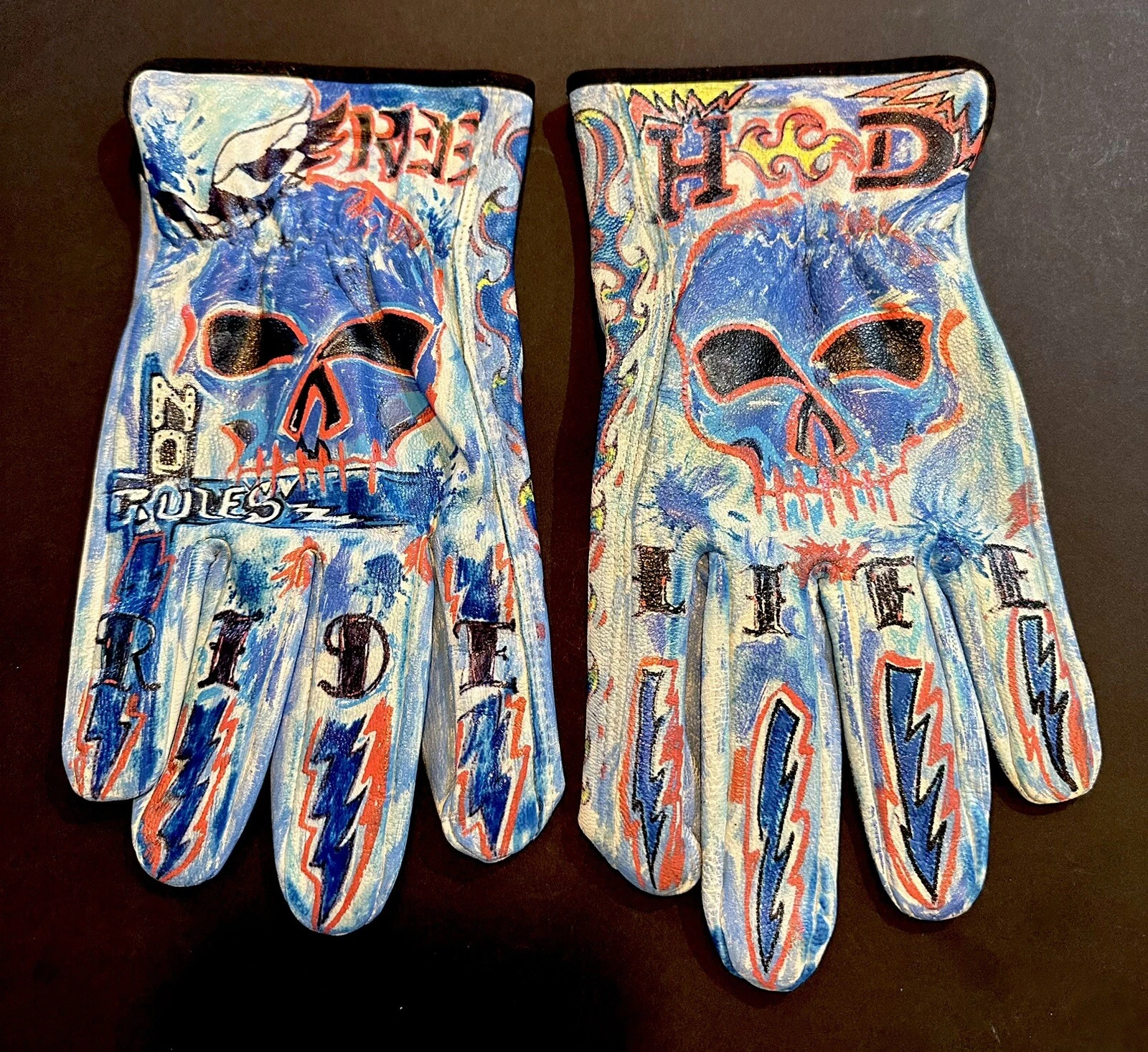 Cyberpunk Aesthetic Blue Skull Graphic Hand Painted Leather Gloves