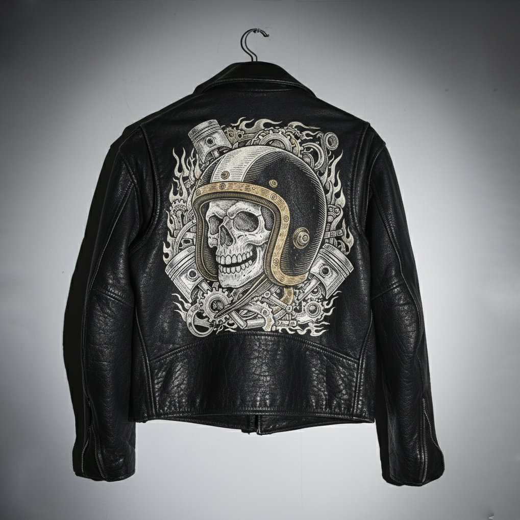 Hellfire Rider" Detailed Piston Skull Engraving Style Jacket