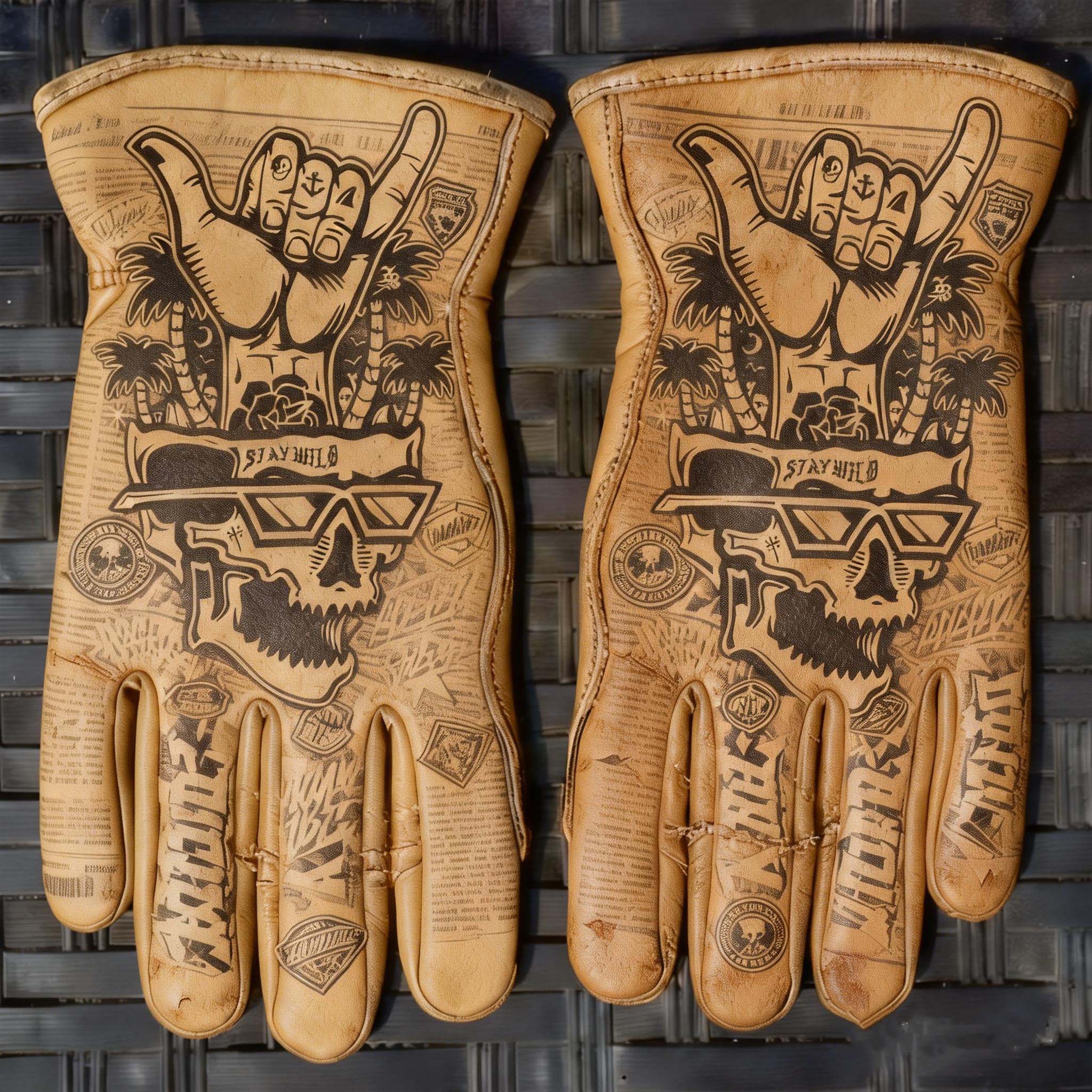 Tropical Surf Style Stay Wild Skull Graphic Leather Riding Gloves