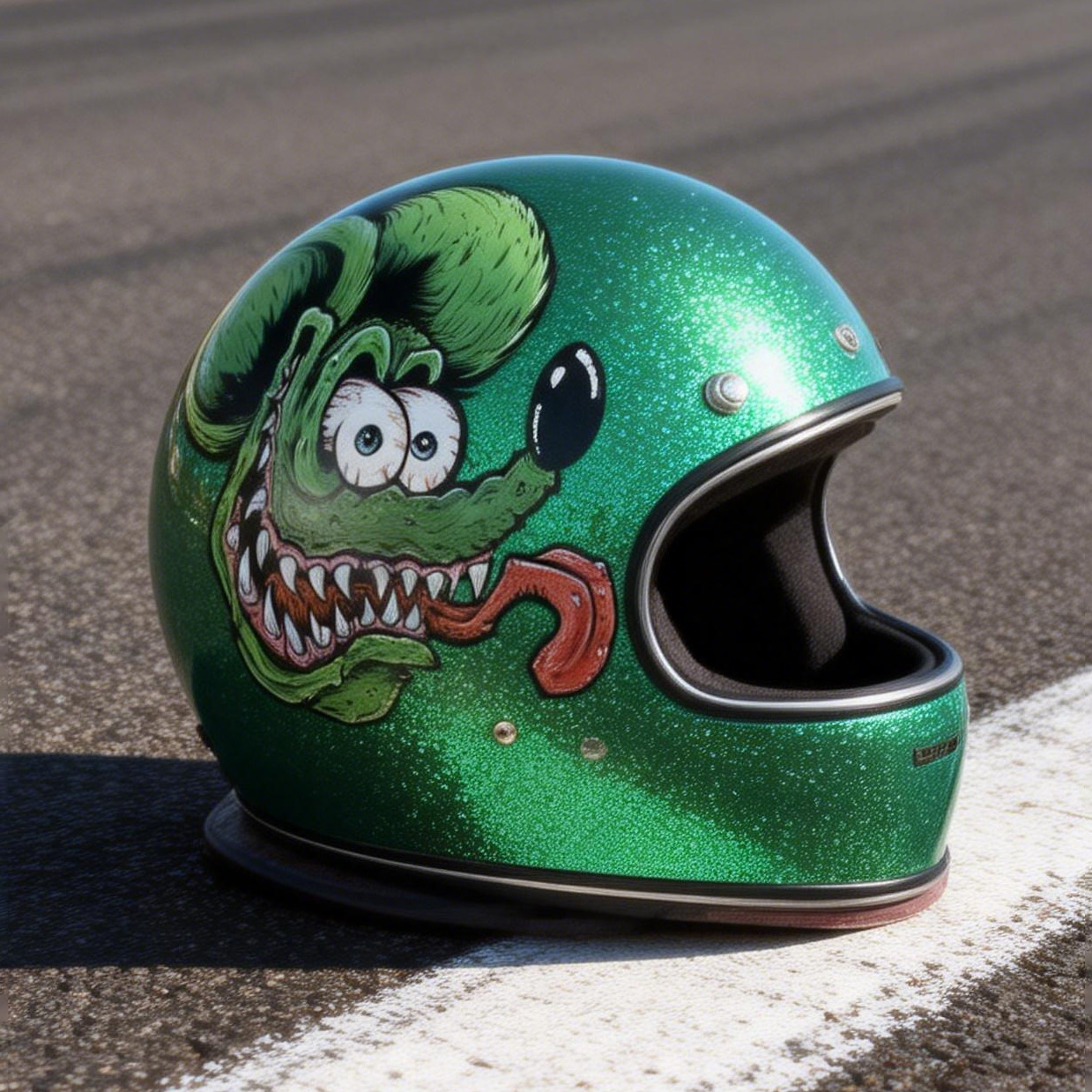 Kustom Kulture Rat Fink Art Green Glitter Full Face Helmet