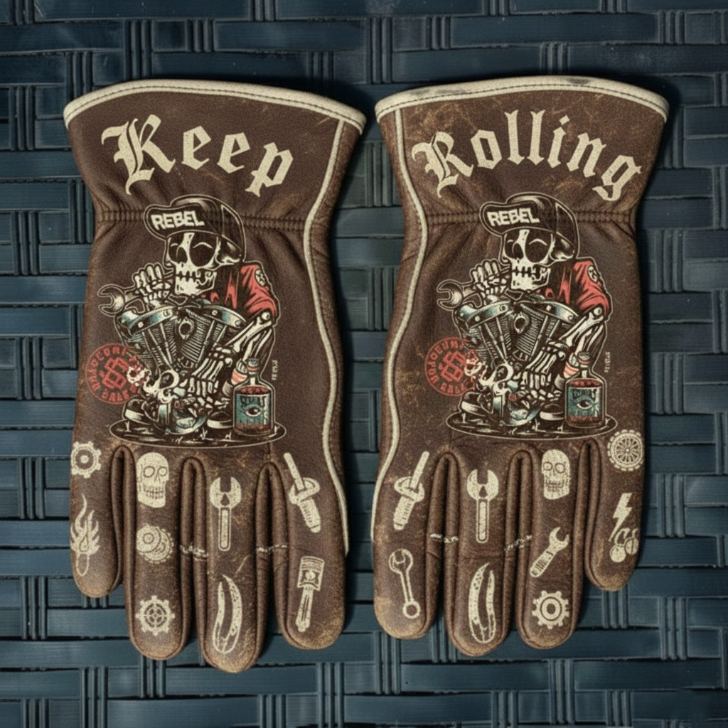 Rebel Mechanic Aesthetic Skeleton Keep Rolling Printed Leather Gloves