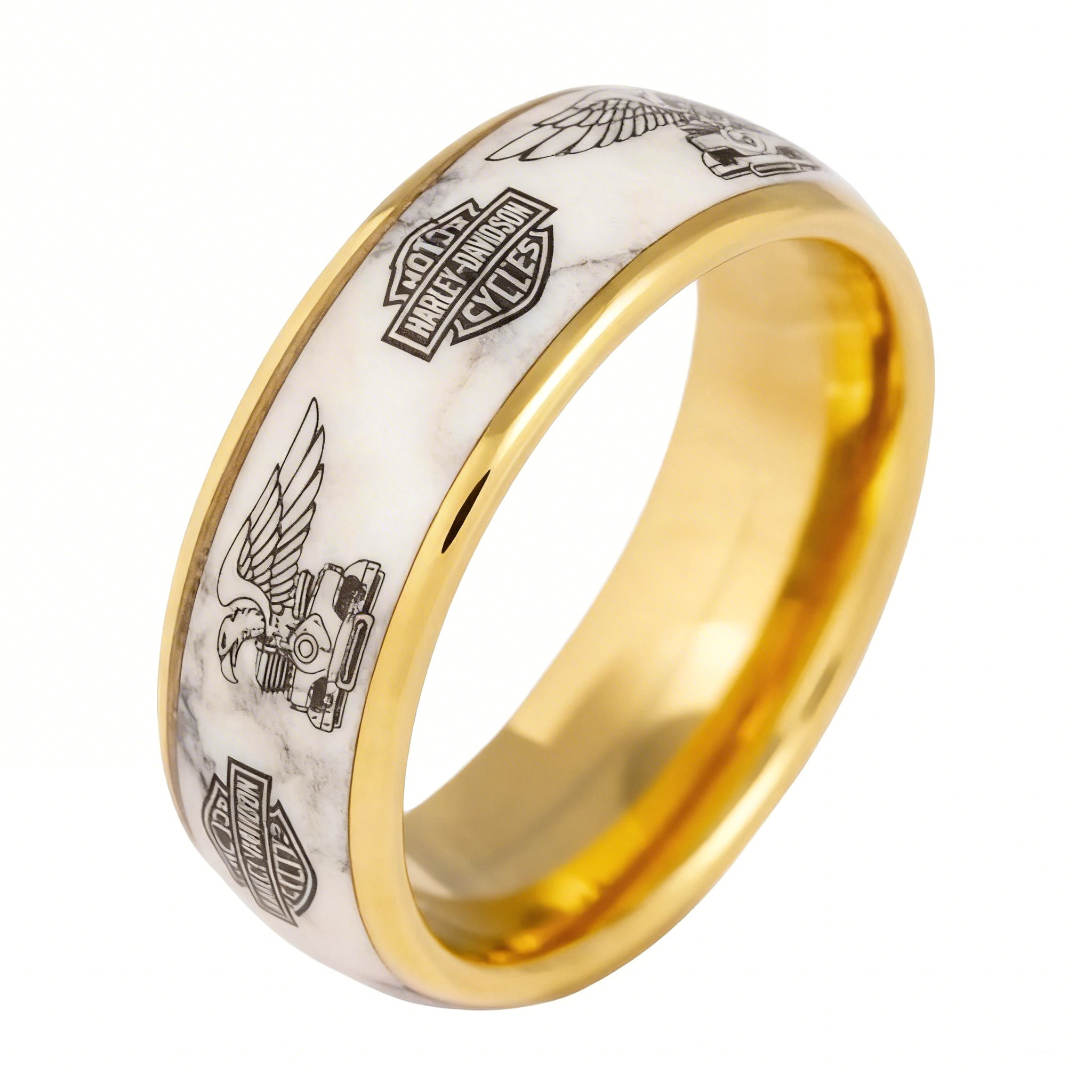 Biker Style Marble Band With Eagle And Shield Emblem Ring