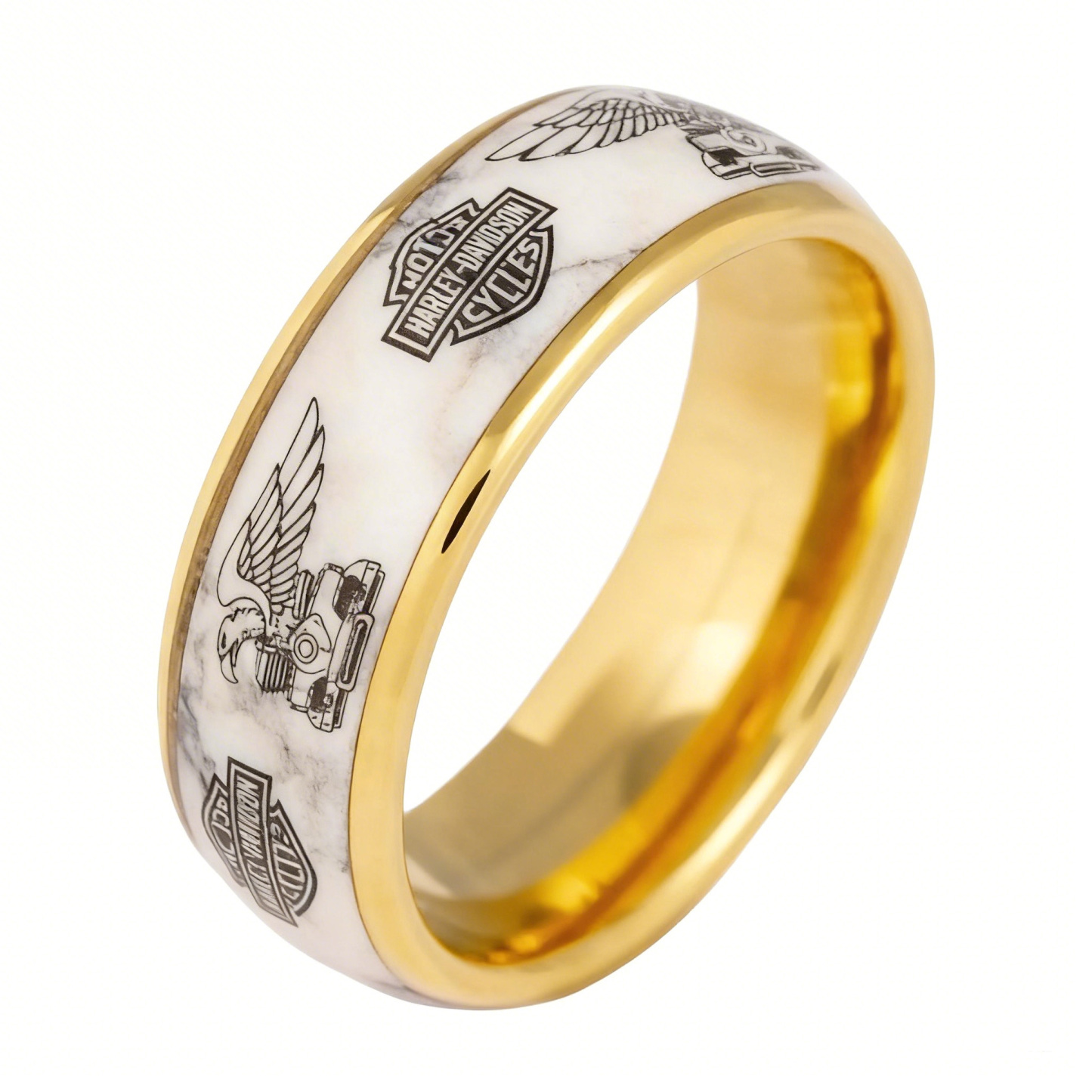 Biker Style Marble Band With Eagle And Shield Emblem Ring