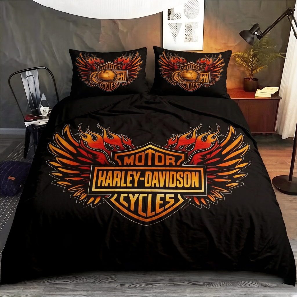 Retro Harley-Davidson style pattern 3-Piece Quilted Bedding Set
