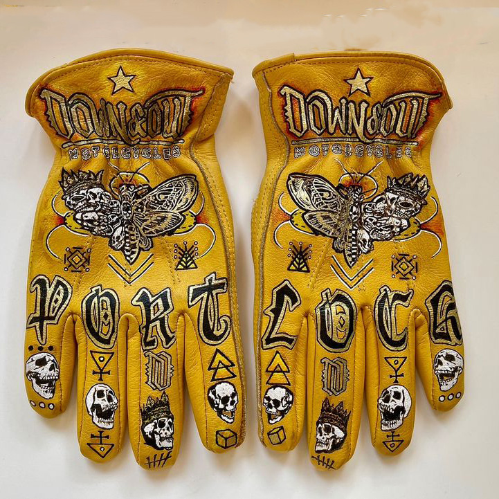 Occult Street Style Moth Skull Graphic Yellow Leather Biker Gloves