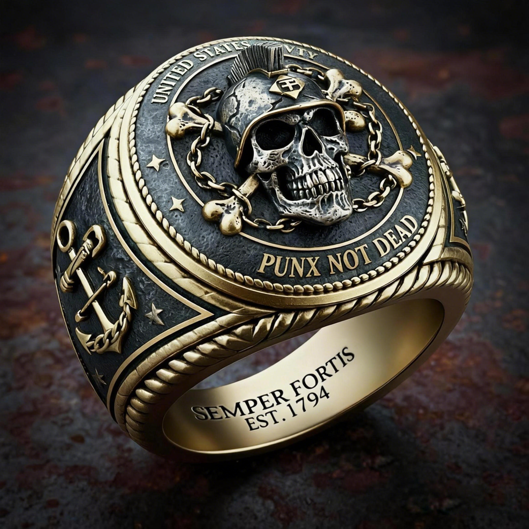 Punk Not Dead Navy Skull Ring