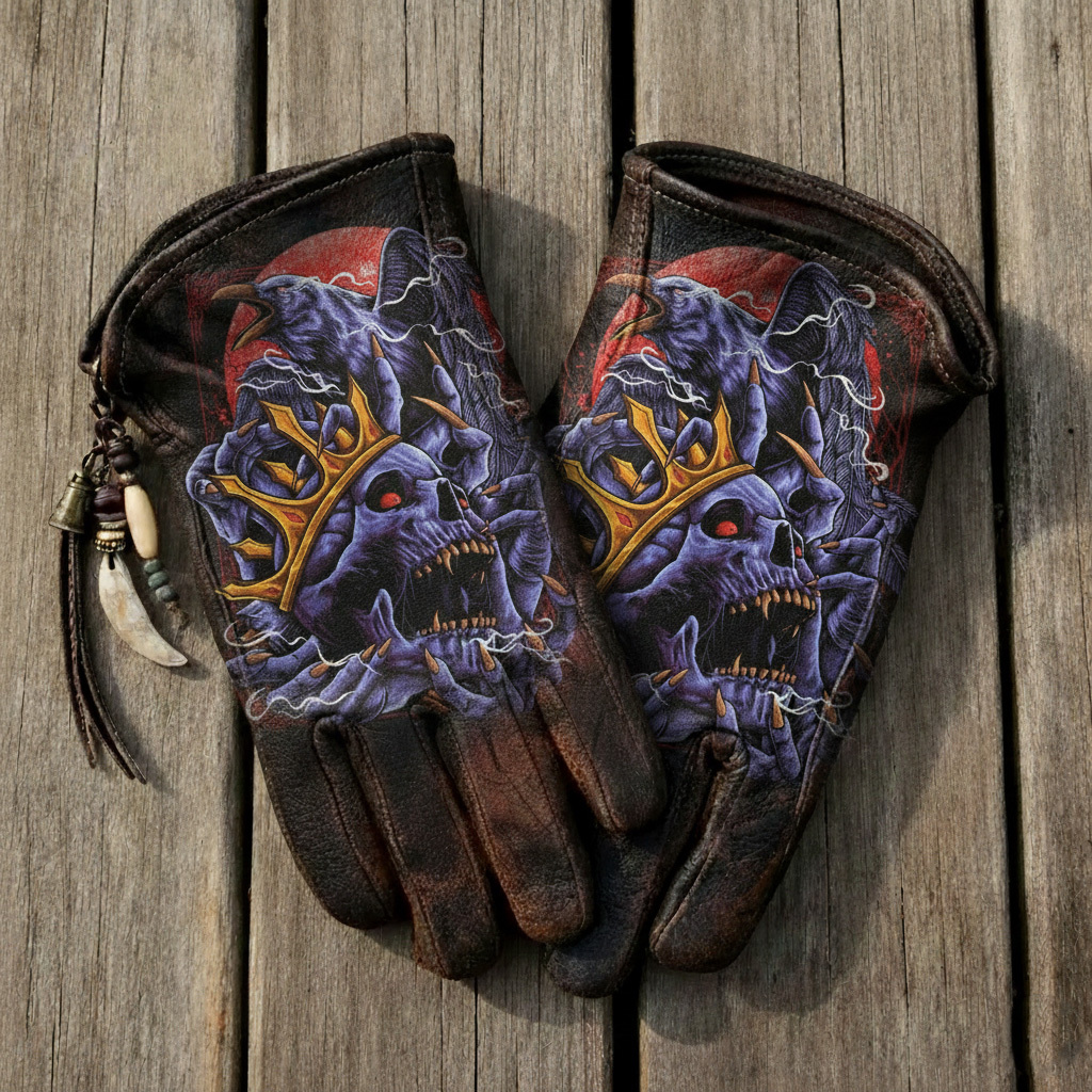 Gothic Horror Style Crowned Skull Raven Graphic Leather Gloves