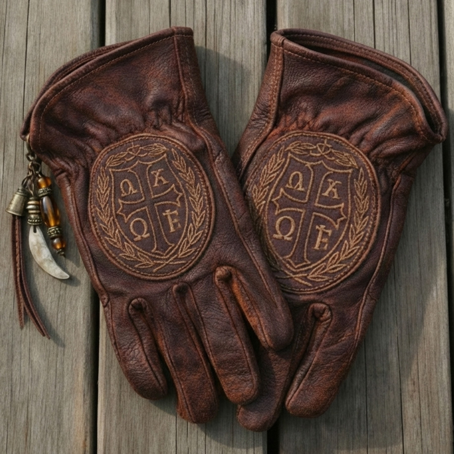 Medieval Crusader Alpha and Omega Cross Embossed Leather Rider Gloves