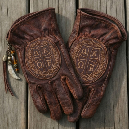 Medieval Crusader Alpha and Omega Cross Embossed Leather Rider Gloves