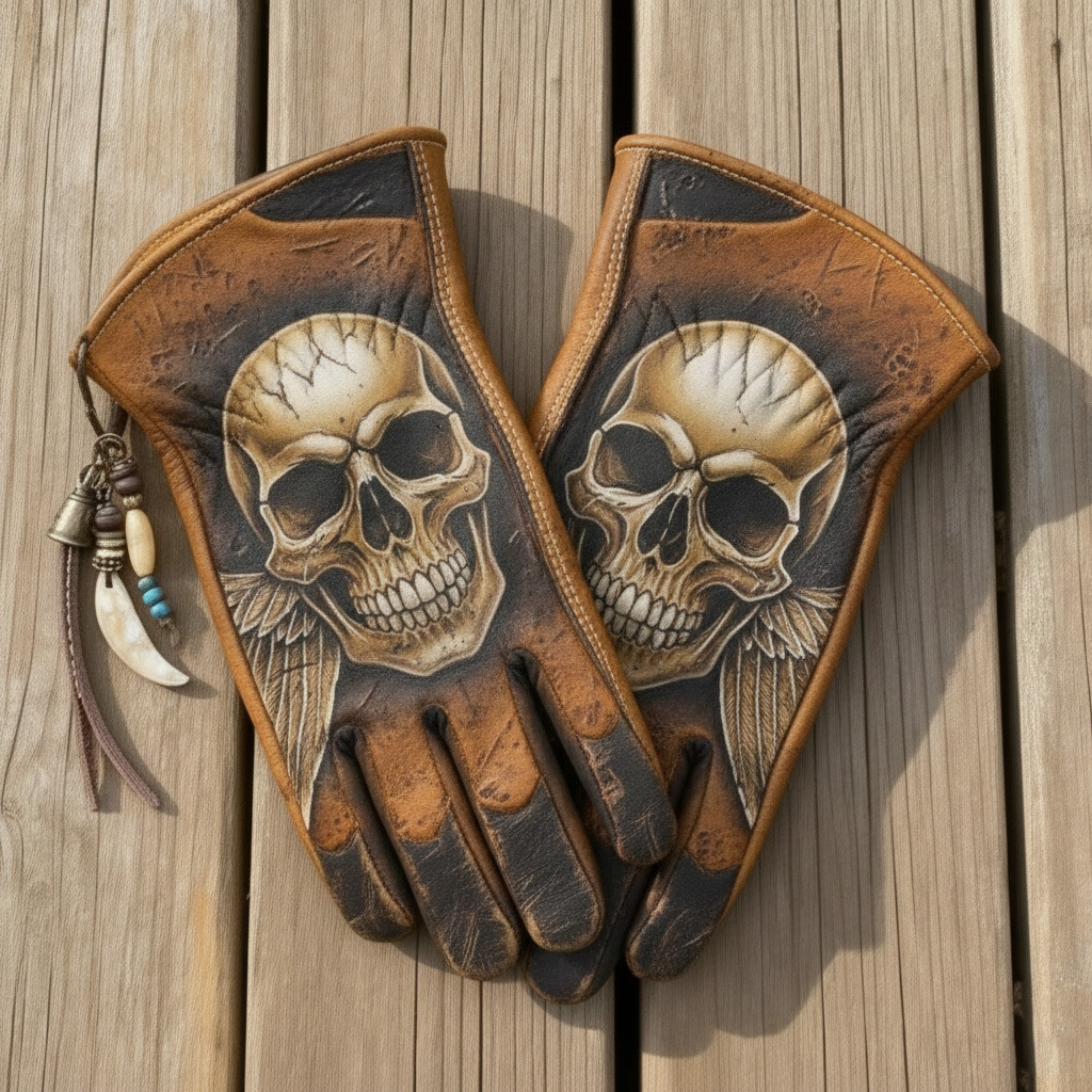 Ethnic Style Distressed Leather Large Skull Graphic Gloves