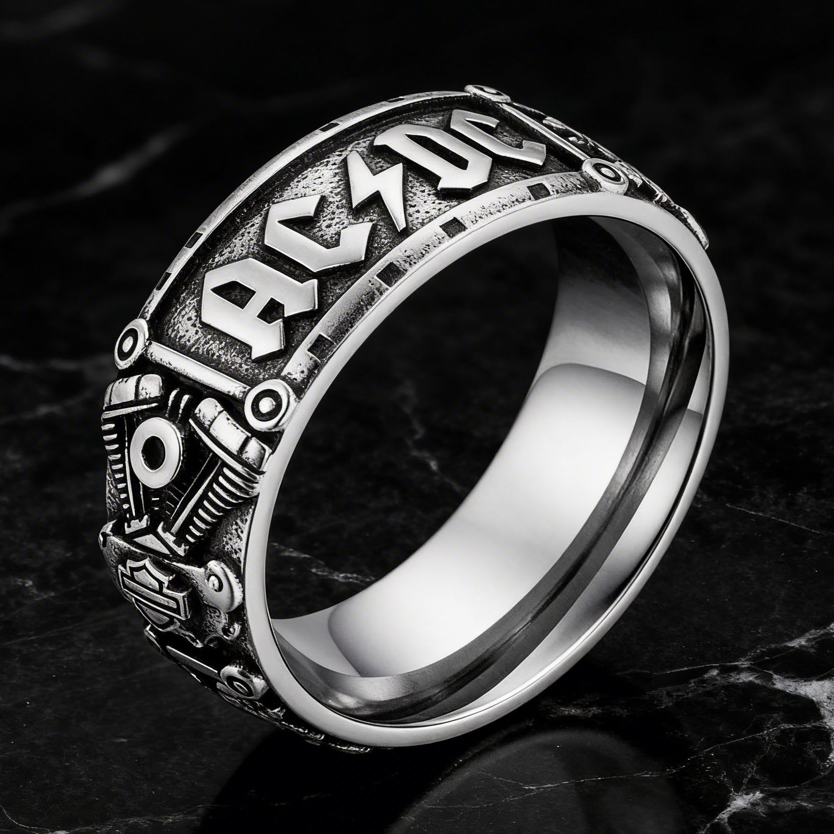 Hard Rock AC/DC Harley Motor Stainless Steel Biker Band Ring