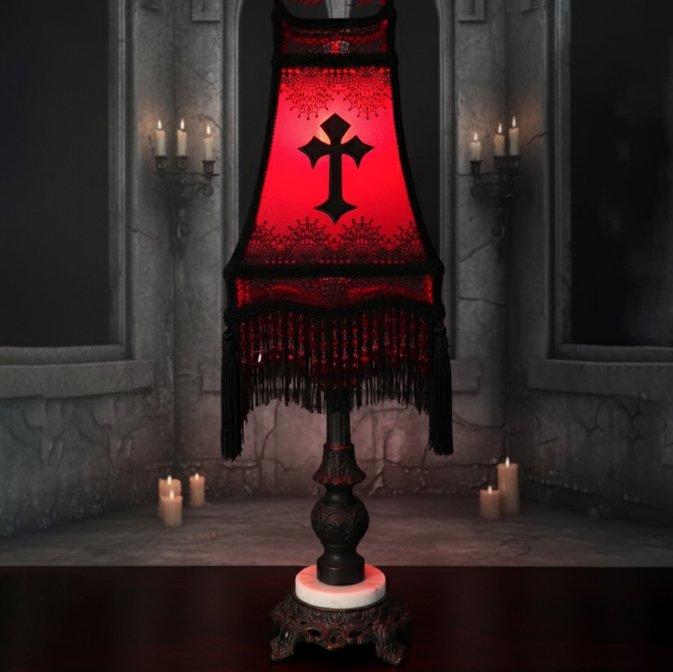 Gothic Red Lace Table Lamp with Black Cross and Fringe