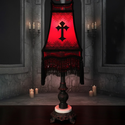Gothic Red Lace Table Lamp with Black Cross and Fringe